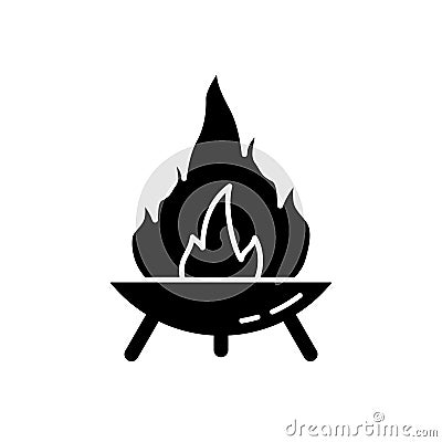 Silhouette Fire Pit on three legs. Symbol of making campfire outdoors and traveling. Diwali festival icon. Outline round bonfire Vector Illustration