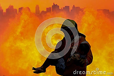 Silhouette of firefighter holding a child to help him in the fire and smoke. Firefighter saves boy from big city fire Stock Photo