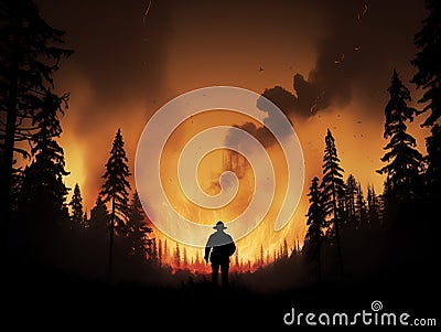 Silhouette firemen aerial with fire in forest Stock Photo