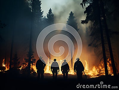 Silhouette firemen aerial with fire in forest Stock Photo