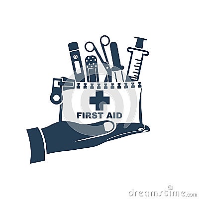 Silhouette first aid kit in hand doctor Vector Illustration