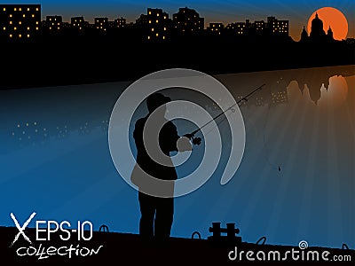 Silhouette of fisherman with fishing rod on pier fishing on background of night city Cartoon Illustration