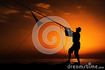 Silhouette of Fisherman with fishing rod on the sunset background, Silhouette of a downrigging fishing rod at sunset, AI Generated Stock Photo