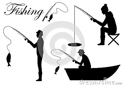 silhouette fisherman icon, man cath fish on fishing rod Vector Illustration