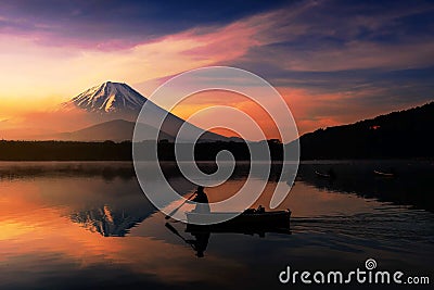 Silhouette fishing boat with Mt. Fuji view Stock Photo