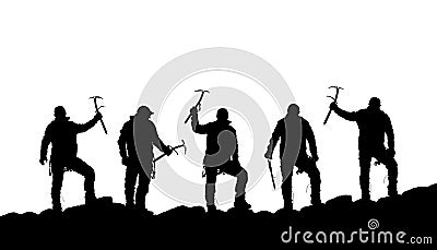 Silhouette of five climbers with ice axe in hand Stock Photo