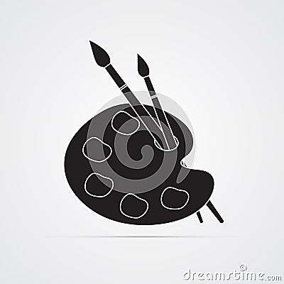 Silhouette flat icon, simple vector design. Artist`s palette with paints and 2 brushes Vector Illustration