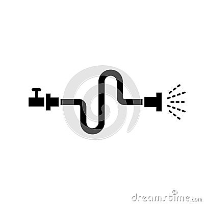 Silhouette of Flexible hose connected to tap with jet of water. Outline icon of irrigation. Black simple illustration of bent pipe Vector Illustration