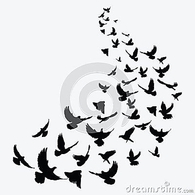 Silhouette of a flock of birds. Black contours of flying birds. Flying pigeons. Tattoo. Vector Illustration