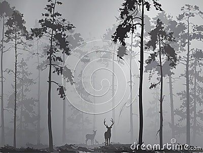 Silhouette of a forest with a family of deer Vector Illustration
