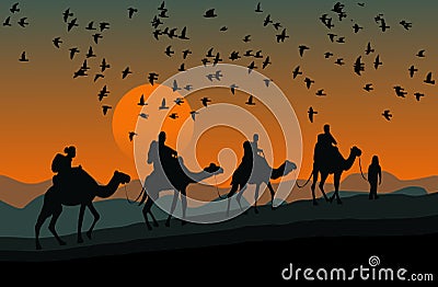 Silhouette of four camel riders. Up hill with sunset background Vector Illustration