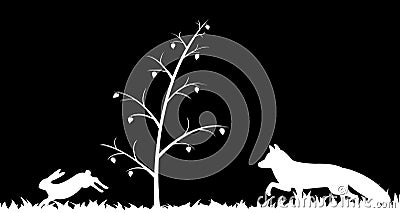 Silhouette of fox and hare in the grass. Vector Illustration