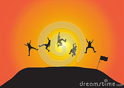 Silhouette of friends jumping over hill on golden sunrise background, happy life, winning, successful and achievement concept Vector Illustration