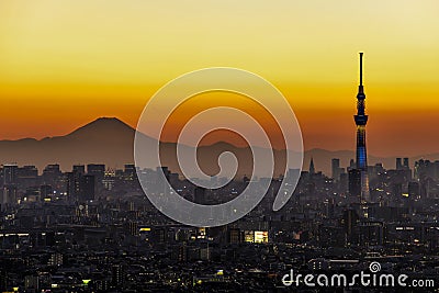 Silhouette Fuji Mountain and Illumination of Tokyo Skytree at Sunset Winter, Chiba, Japan Editorial Stock Photo