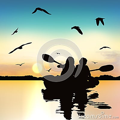 Silhouette of funny girls kayaking. Vector Illustration