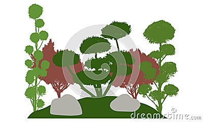 Silhouette of garden with decorative trees. Beautiful bonsai, cypress and other coniferous trees. Vector illustration Vector Illustration