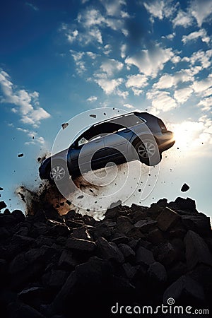 silhouette of a generic car crashing flying off a cliff. Stone cliff. Blue sky. White clouds. Car accident. Stock Photo