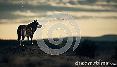 Silhouette of German Shepherd standing in grass, watching sunset generated by AI Stock Photo