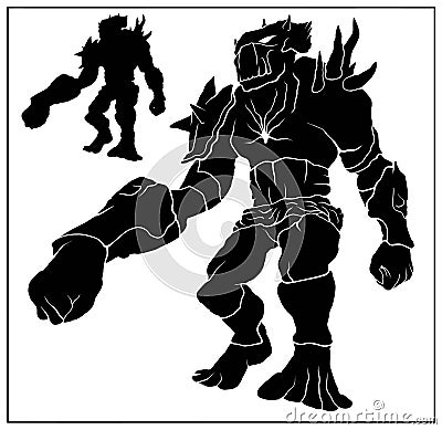 Silhouette of a giant in armor with spikes on his shoulder in full growth without background. A fantasy character. Vector Illustration