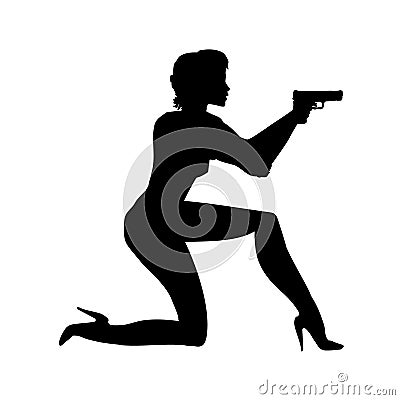 Silhouette girl in an action movie film shootout pose with a gun sit. Silhouette Woman, lady illustration of spy. Person a Vector Illustration