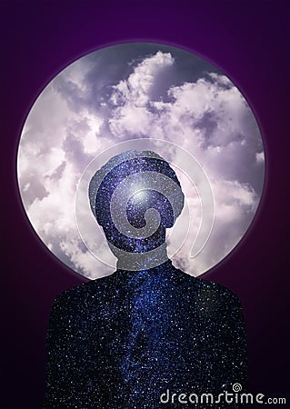 Silhouette of a girl on the background of clouds and space. Double exposure. Conceptual bright art collage Stock Photo