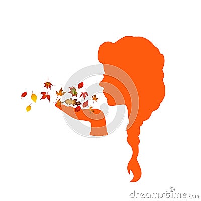 Silhouette of a girl blowing on the autumn leaves. Vector Illustration