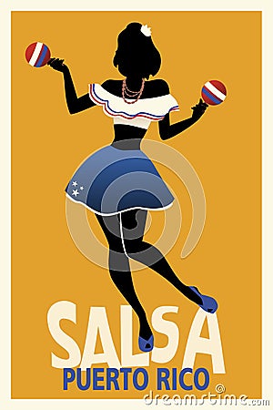 Silhouette of girl dancing salsa with maracas. Stock Photo