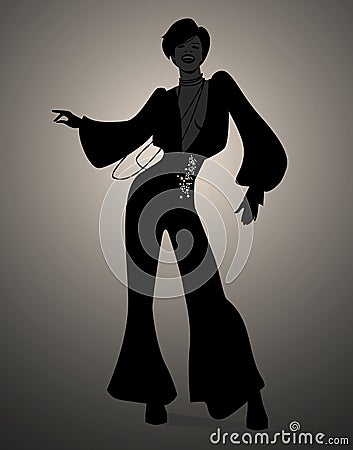 Silhouette of girl dancing soul, funky or disco music. Vector Illustration