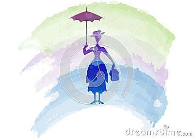 Silhouette girl floats with umbrella in his hand, Mary Poppins style, vector isolated Vector Illustration