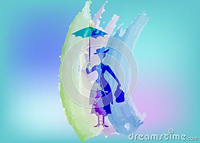 Silhouette girl floats with umbrella in his hand, Mary Poppins style, vector isolated Vector Illustration