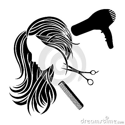 Silhouette of a girl with hair dryer scissors and comb. Design suitable for tool store logo, haircut salon, hair salon Vector Illustration