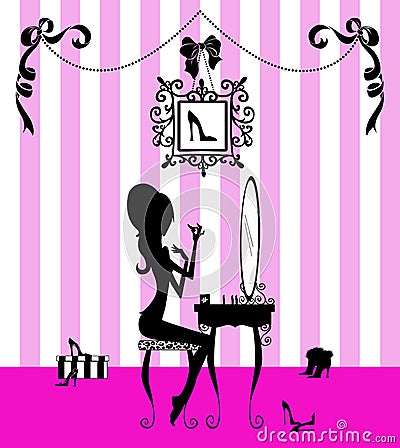 Silhouette of a Girl at her Vanity Cartoon Illustration