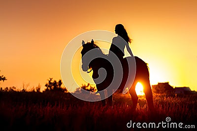 Silhouette of girl and horse Stock Photo