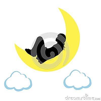 Silhouette girl lies on moon. World Sleep Day Vector Illustration