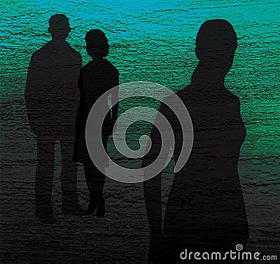 Silhouette of a girl and a man and a woman on a blue and green textured background. Contrast. Family conflict. Treason Stock Photo