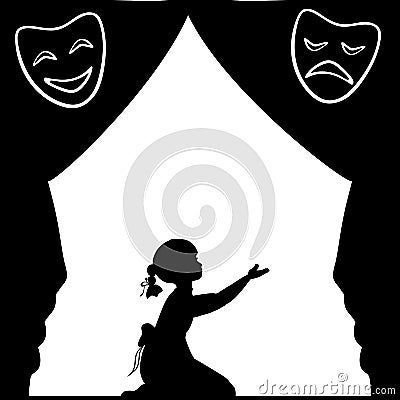 Silhouette girl plays the stage. World theatre day. Vector Illustration