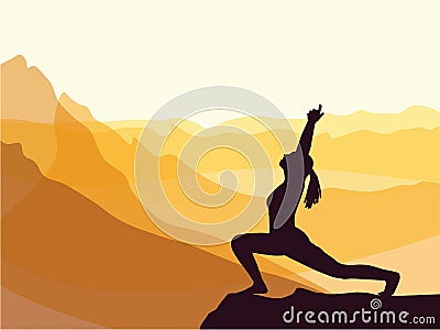 Silhouette of girl practising yoga. Mountains in the background. Sunrise, yoga sun salutation. Stock Photo