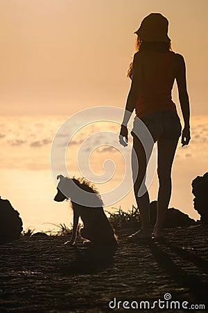 Silhouette of girl with puppy on sunset Stock Photo