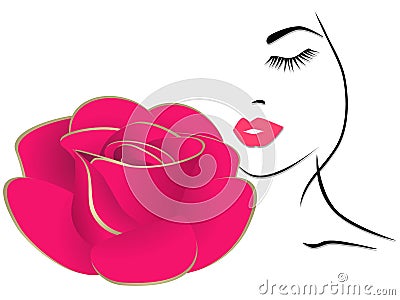 Silhouette of a girl with a rose flower on a white background. Vector Illustration
