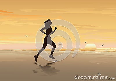 Silhouette of girl running on the beach, Fitness Woman, Walking, Jogging & Exercise Background. Vector Illustration