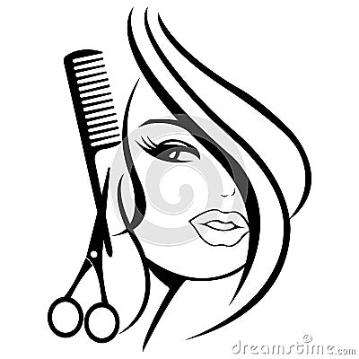 Silhouette of a girl with scissors and a comb. Logo concept for buyer shop, hairdresser. The design is suitable for decor, tattoos Vector Illustration