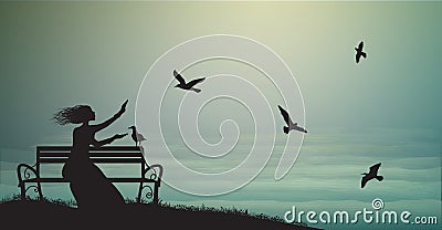 Silhouette of girl sitting on the bench near the sea with sun-rise and feed the sea gulls, shadows, memories, Vector Illustration