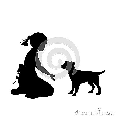 Silhouette girl sitting knees beckon dog Vector Illustration