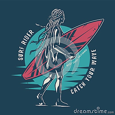 Silhouette of girl surfer on beach, surfing board Vector Illustration