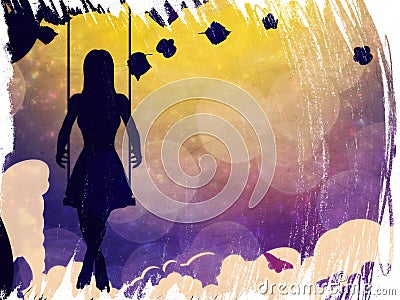 Grunge girl on swing silhouette at night Stock Photo