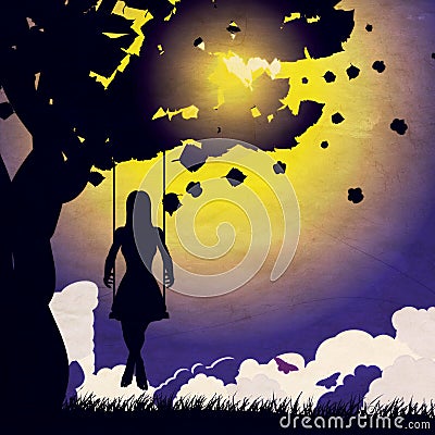 Grunge girl on swing silhouette at night Stock Photo