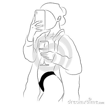 The silhouette of a girl takes a selfie with a glass in her hand and an open bathrobe. Minimalism style Vector Illustration