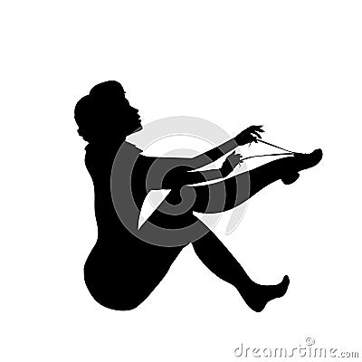 Silhouette girl tying a shoelace for run. Lady with long legs, black outline of the shape of the body. Woman a dynamic pose. Vector Illustration