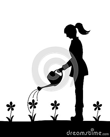 Silhouette of a girl watering flowers Vector Illustration