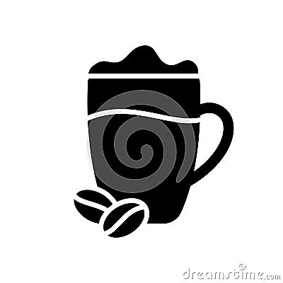 Silhouette glass cup with coffee drink. Outline clear mug with two beans and whipped milk. Black illustration of two-layer Vector Illustration